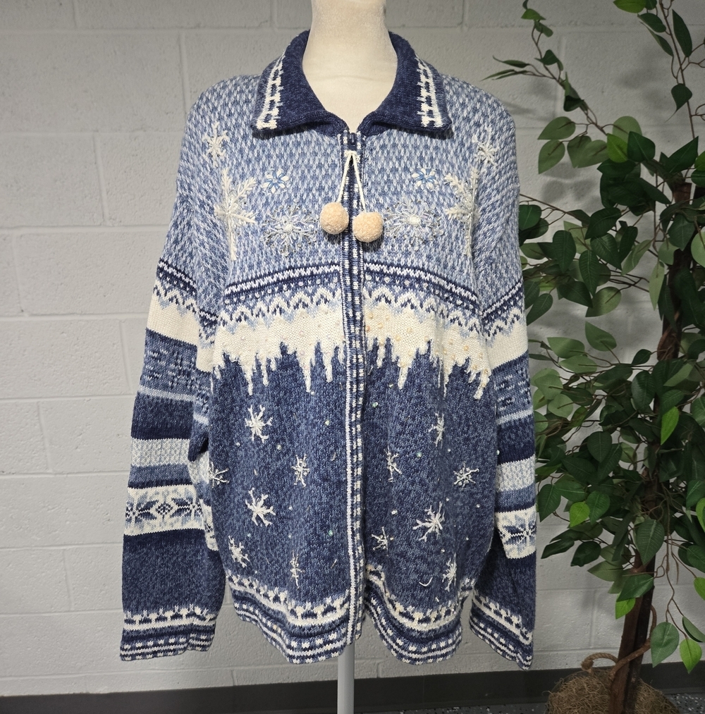 VTG Tiara International Fair Isle Snowflake Embroidered Full Zip Cardigan Large